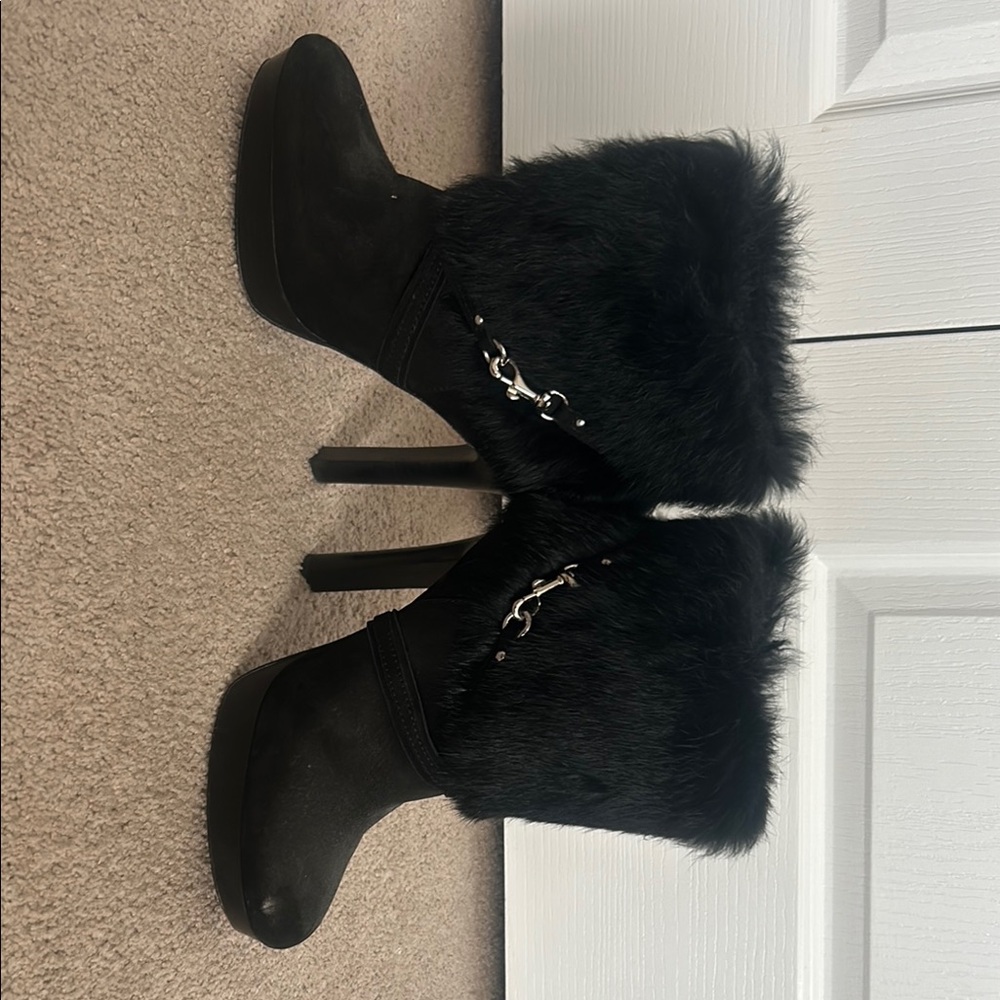Coach Black Heeled Boots with Fur Trim and Pointed Toe